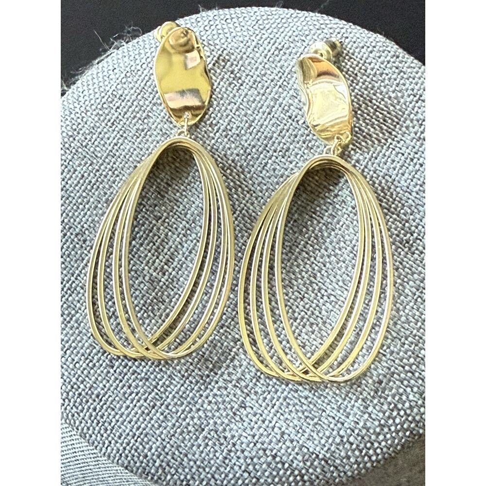 Womens Earrings Gold Tone Oval Dangle Drop Pierced Y2K Mod Abstract Career